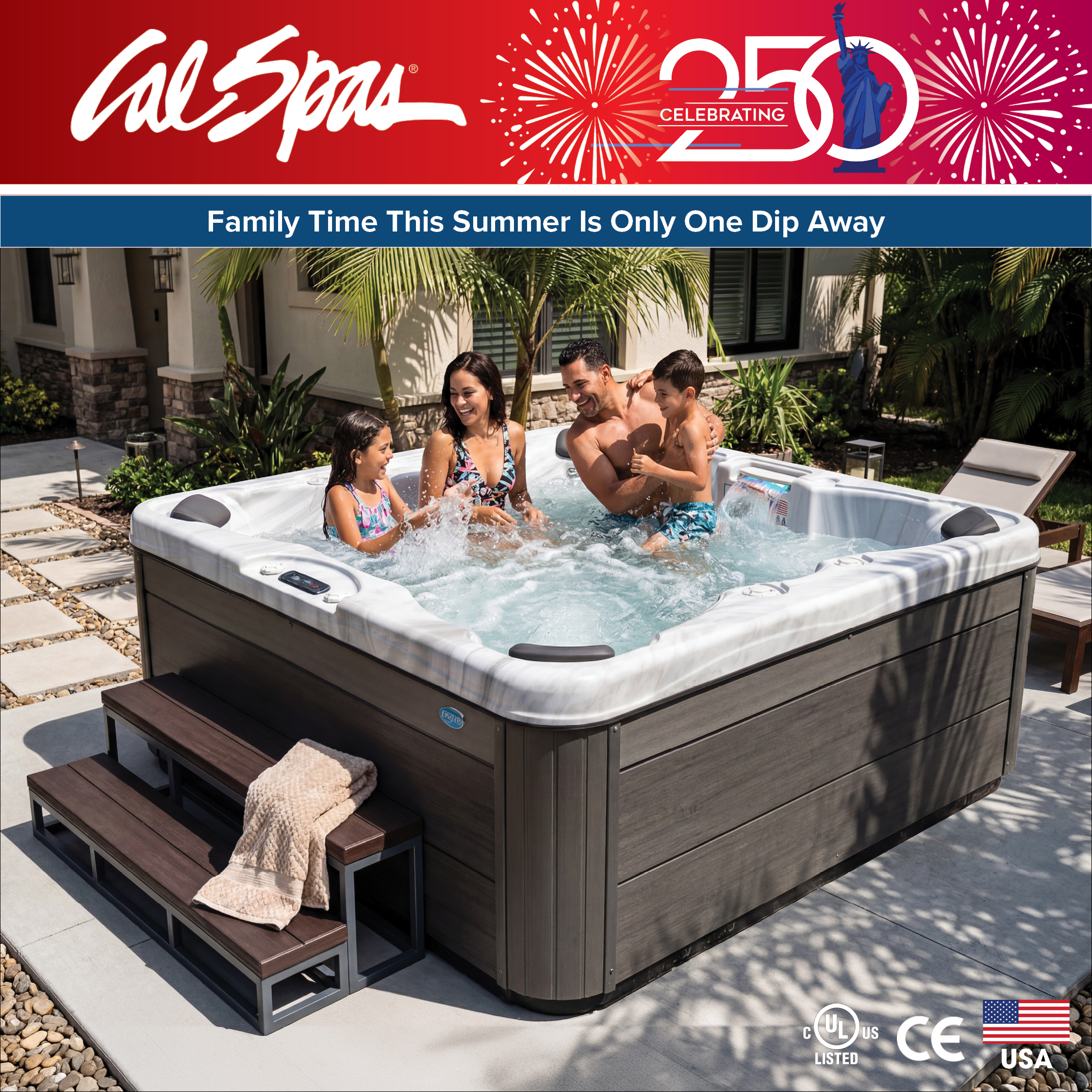 Calspas hot tub being used in a family setting - Coraville
